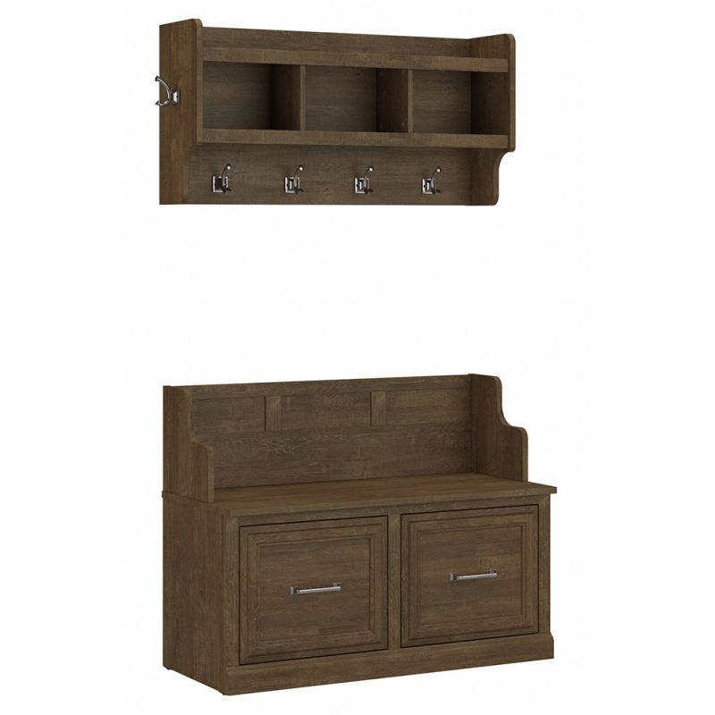 Bush Furniture - Woodland 40W Entryway Bench with Doors and Wall Mounted Coat Rack in Ash Brown - WDL009ABR