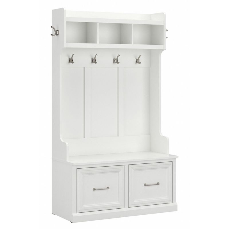 Bush Furniture - Woodland 40W Hall Tree and Shoe Storage Bench with Doors in White Ash - WDL001WAS