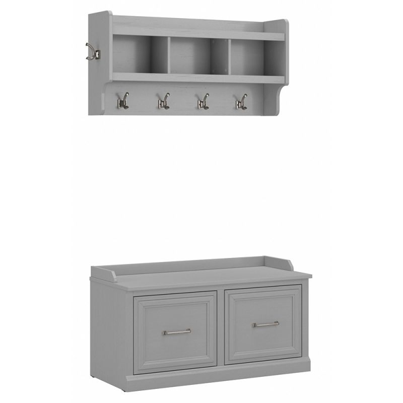 Bush Furniture - Woodland 40W Shoe Storage Bench with Doors and Wall Mounted Coat Rack in Cape Cod Gray - WDL003CG