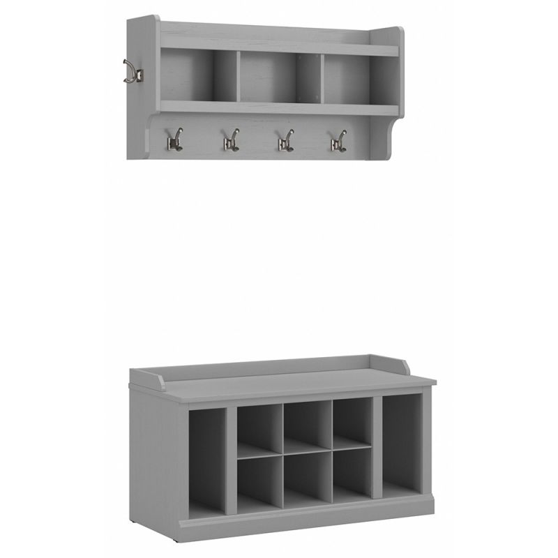 Bush Furniture - Woodland 40W Shoe Storage Bench with Shelves and Wall Mounted Coat Rack in Cape Cod Gray - WDL004CG