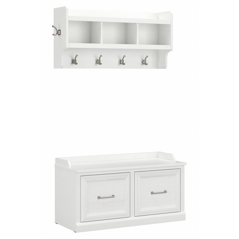 Bush Furniture - Woodland 40W Shoe Storage Bench with Doors and Wall Mounted Coat Rack in White Ash - WDL003WAS