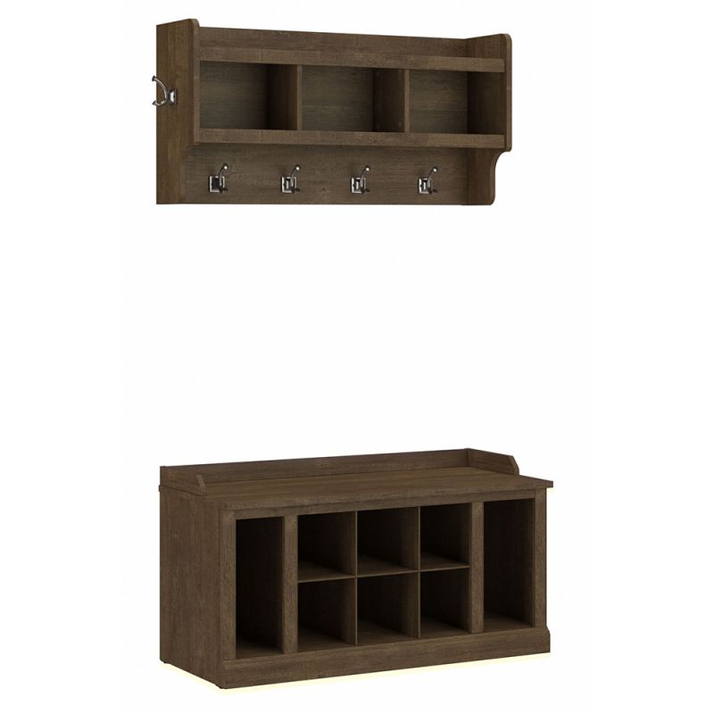Bush Furniture - Woodland 40W Shoe Storage Bench with Shelves and Wall Mounted Coat Rack in Ash Brown - WDL004ABR
