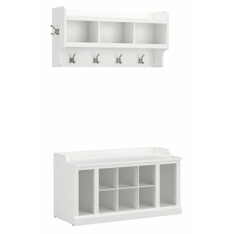 Bush Furniture - Woodland 40W Shoe Storage Bench with Shelves and Wall Mounted Coat Rack in White Ash - WDL004WAS