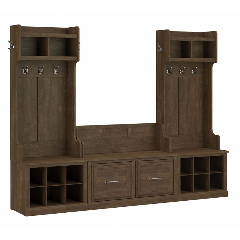 Bush Furniture - Woodland Entryway Storage Set with Hall Trees and Shoe Bench with Doors in Ash Brown - WDL011ABR