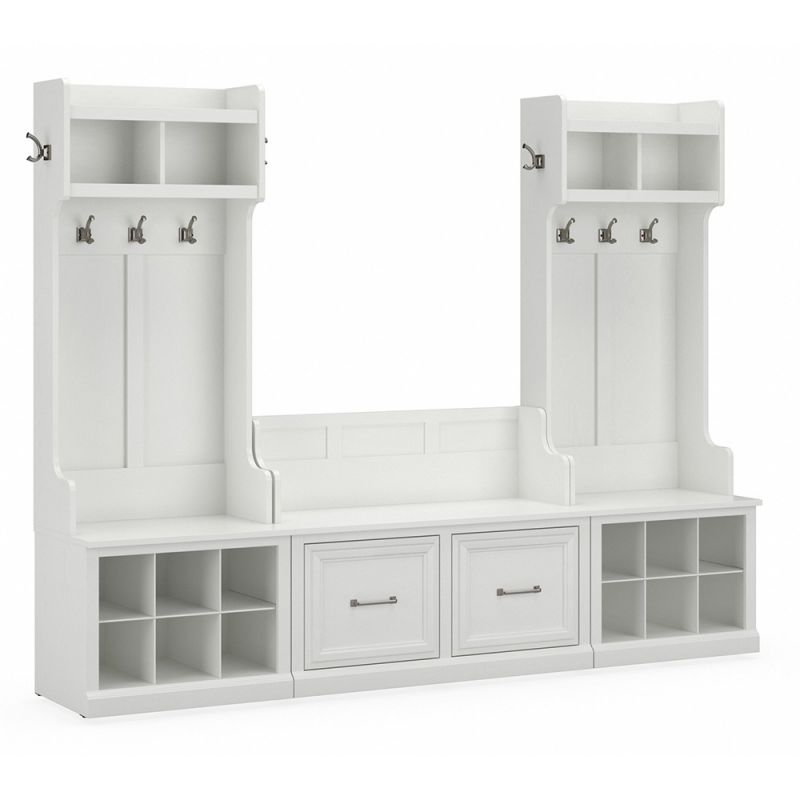 Bush Furniture - Woodland Entryway Storage Set with Hall Trees and Shoe Bench with Doors in White Ash - WDL011WAS