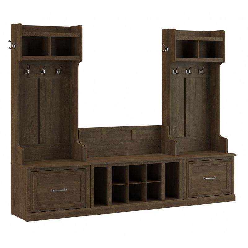 Bush Furniture - Woodland Entryway Storage Set with Hall Trees and Shoe Bench with Drawers in Ash Brown - WDL012ABR