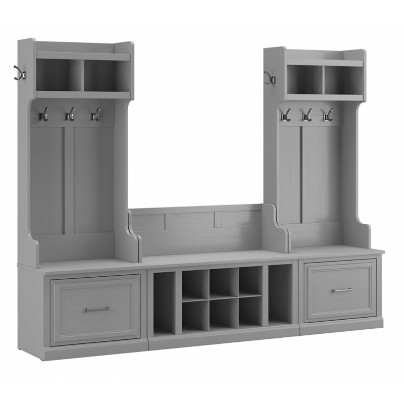Bush Furniture - Woodland Entryway Storage Set with Hall Trees and Shoe Bench with Drawers in Cape Cod Gray - WDL012CG