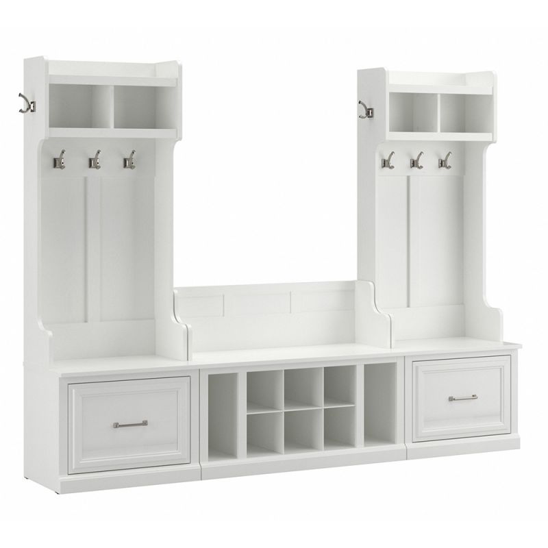 Bush Furniture - Woodland Entryway Storage Set with Hall Trees and Shoe Bench with Drawers in White Ash - WDL012WAS