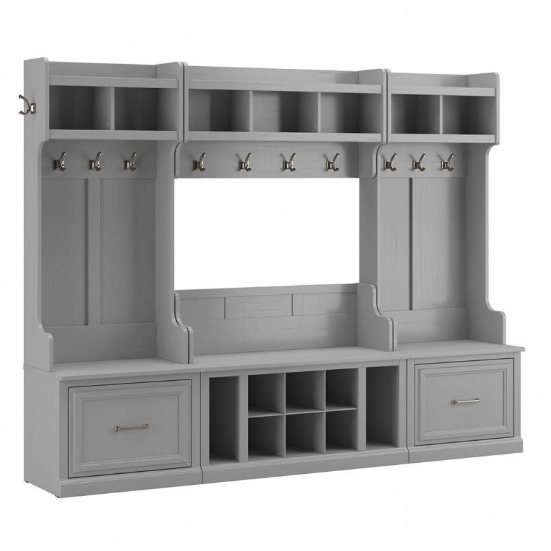 Bush Furniture - Woodland Full Entryway Storage Set with Coat Rack and Shoe Bench with Drawers in Cape Cod Gray - WDL014CG