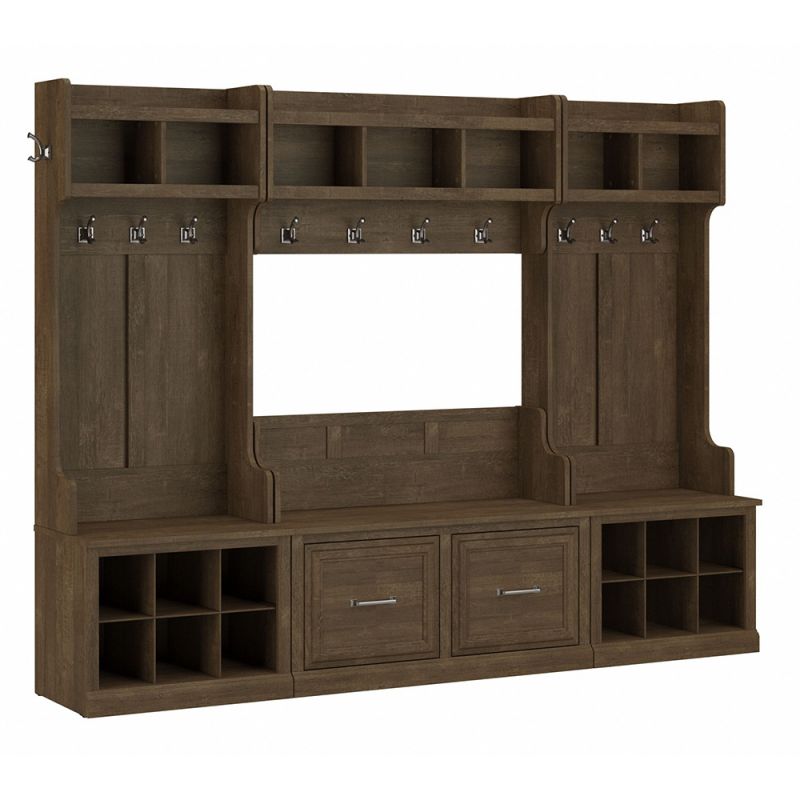 Bush Furniture - Woodland Full Entryway Storage Set with Coat Rack and Shoe Bench with Doors in Ash Brown - WDL013ABR