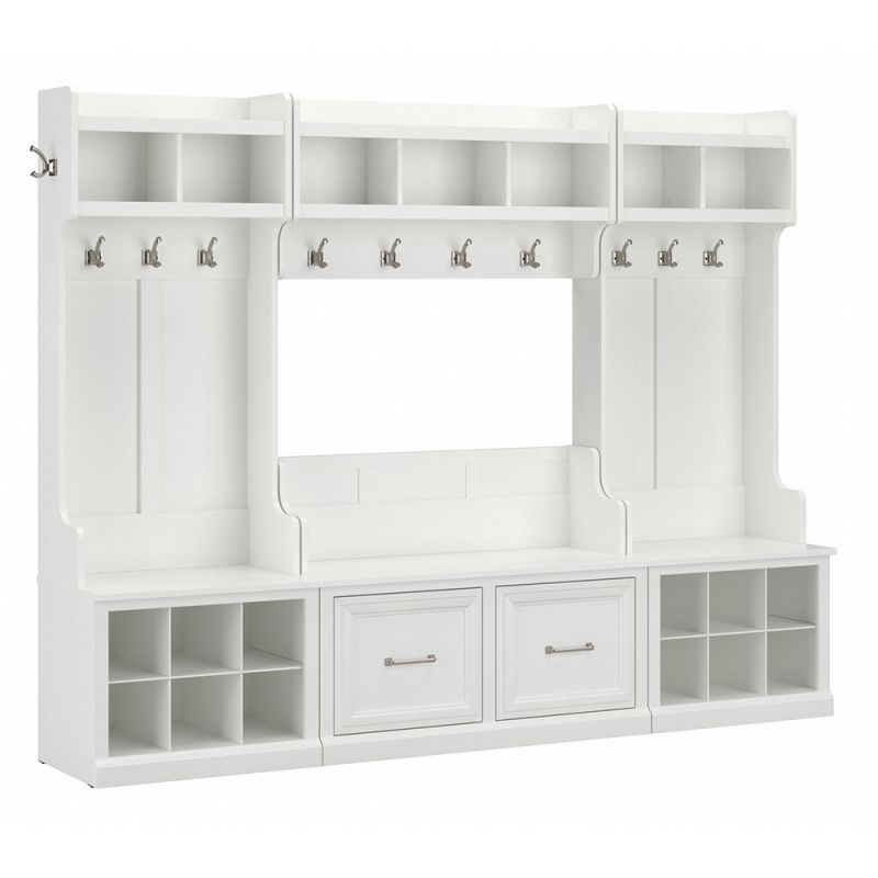 Bush Furniture - Woodland Full Entryway Storage Set with Coat Rack and Shoe Bench with Doors in White Ash - WDL013WAS