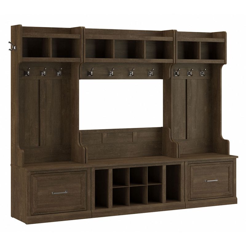 Bush Furniture - Woodland Full Entryway Storage Set with Coat Rack and Shoe Bench with Drawers in Ash Brown - WDL014ABR