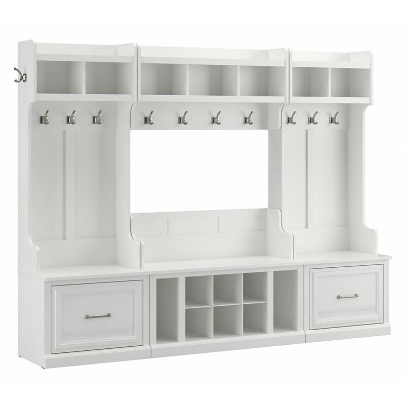 Bush Furniture - Woodland Full Entryway Storage Set with Coat Rack and Shoe Bench with Drawers in White Ash - WDL014WAS