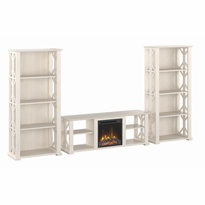 Bush Furniture - Homestead 60W Fireplace TV Stand w Bookcases in Linen White Oak - HOT014LW