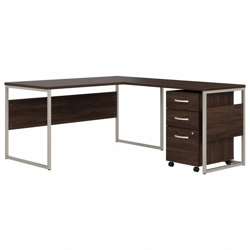 Bush Furniture - Hybrid 60W x 30D L Shaped Table Desk with Mobile File Cabinet in Black Walnut - HYB029BWSU
