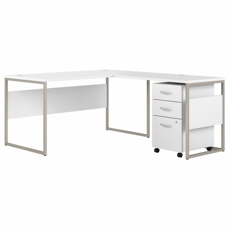 Bush Furniture - Hybrid 60W x 30D L Shaped Table Desk with Mobile File Cabinet in White - HYB029WHSU