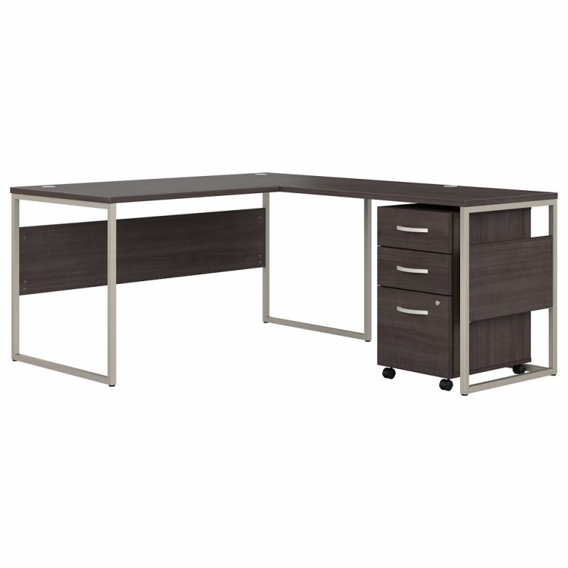 Bush Furniture - Hybrid 60W x 30D L Shaped Table Desk with Mobile File Cabinet in Storm Gray - HYB029SGSU