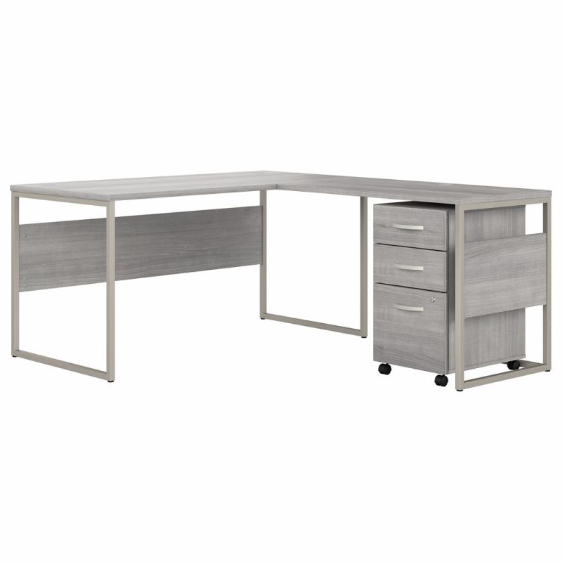 Bush Furniture - Hybrid 60W x 30D L Shaped Table Desk with Mobile File Cabinet in Platinum Gray - HYB029PGSU