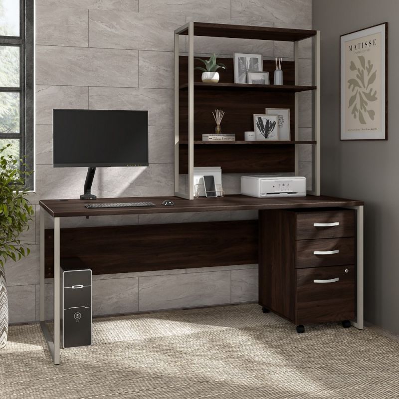Bush Furniture - Hybrid 72W x 30D Computer Desk with Hutch, Mobile File Cabinet and Monitor Arm in Black Walnut - HYB019BWSU