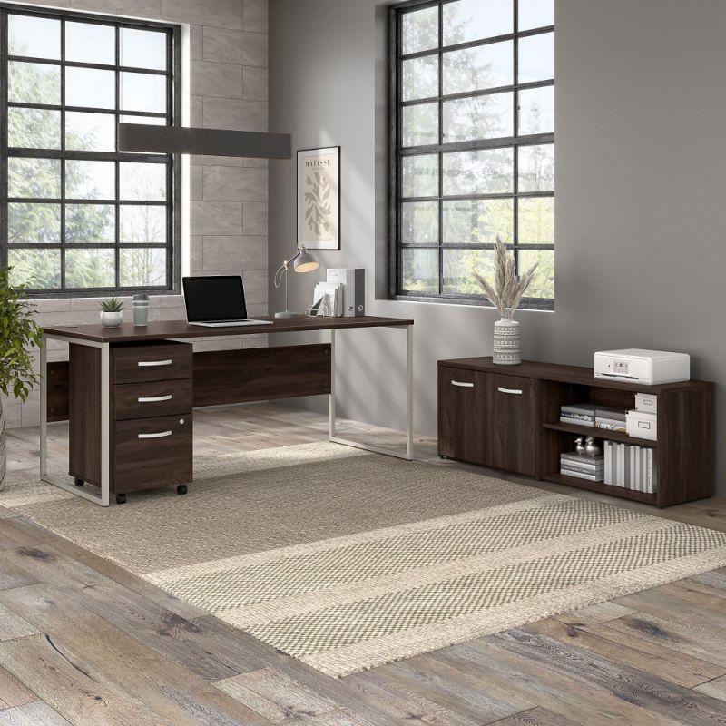 Bush Furniture - Hybrid 72W x 30D Computer Table Desk with Storage and Mobile File Cabinet in Black Walnut - HYB014BWSU