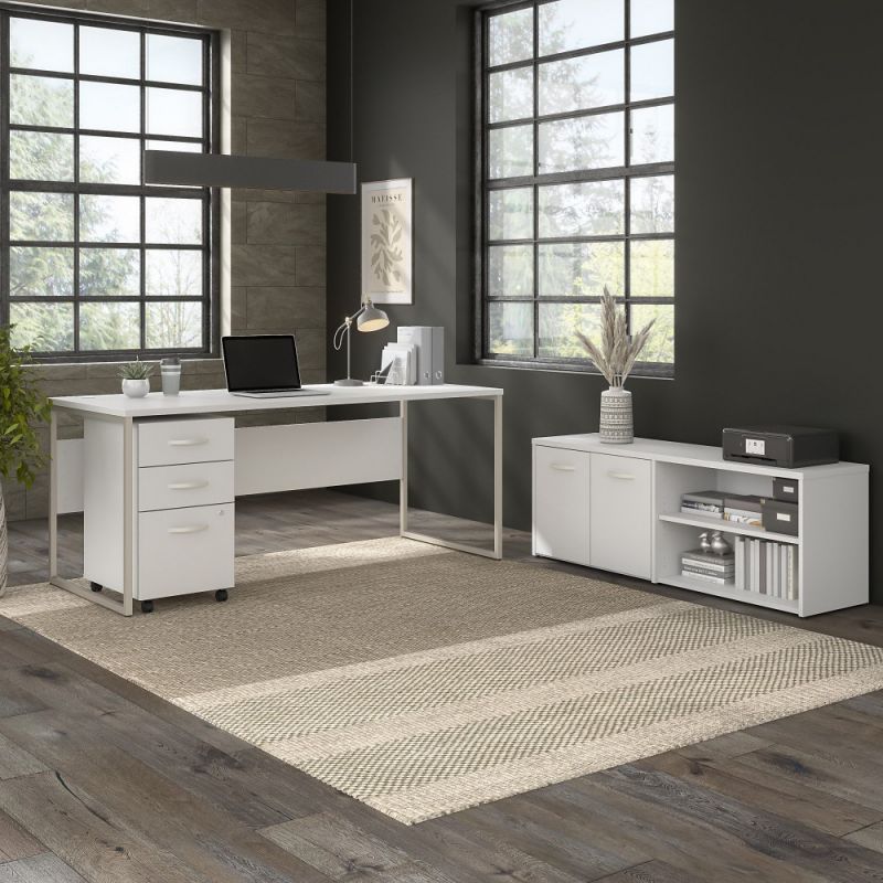 Bush Furniture - Hybrid 72W x 30D Computer Table Desk with Storage and Mobile File Cabinet in White - HYB014WHSU