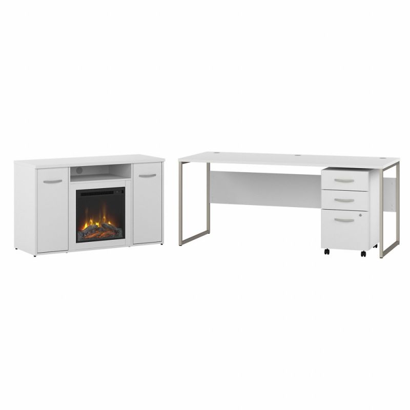 Bush Furniture - Hybrid 72W x 30D Desk with 3 Drawer Mobile File Cabinet and 48 Electric Fireplace TV Stand in White - HYB035WHSU