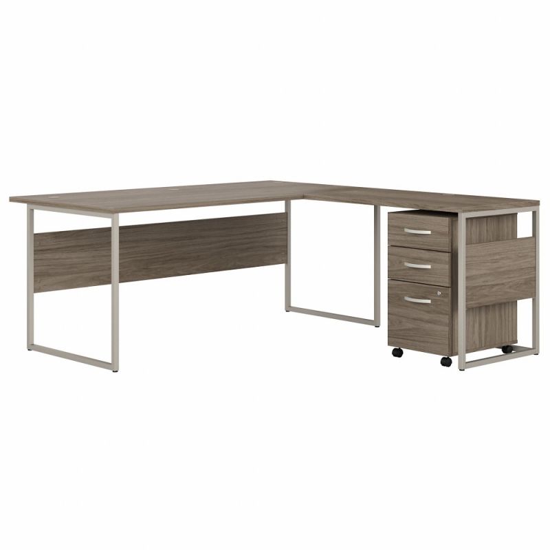 Bush Furniture - Hybrid 72W x 36D L Shaped Table Desk with 3 Drawer Mobile File Cabinet in Modern Hickory - HYB010MHSU