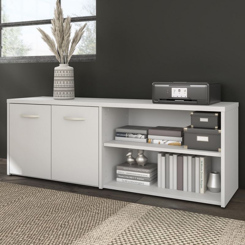 Bush Furniture - Hybrid Low Storage Cabinet with Doors and Shelves in White - HYS160WH-Z
