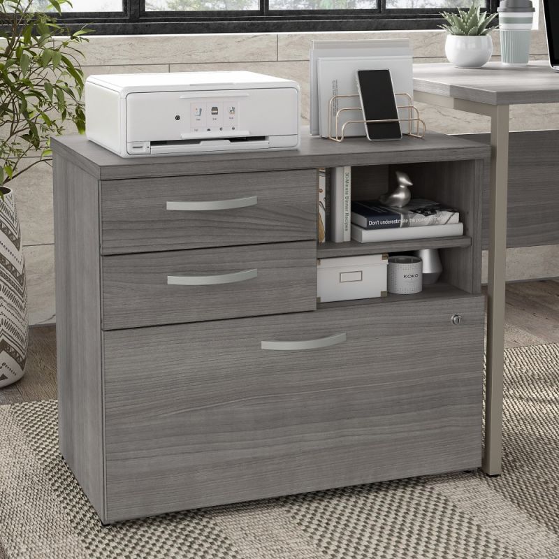 Bush Furniture - Hybrid Office Storage Cabinet with Drawers and Shelves in Platinum Gray - HYF130PGSU-Z