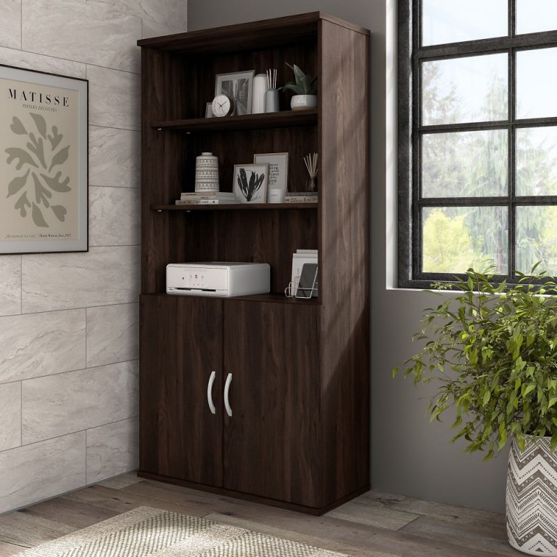Bush Furniture - Hybrid Tall 5 Shelf Bookcase with Doors in Black Walnut - HYB024BW