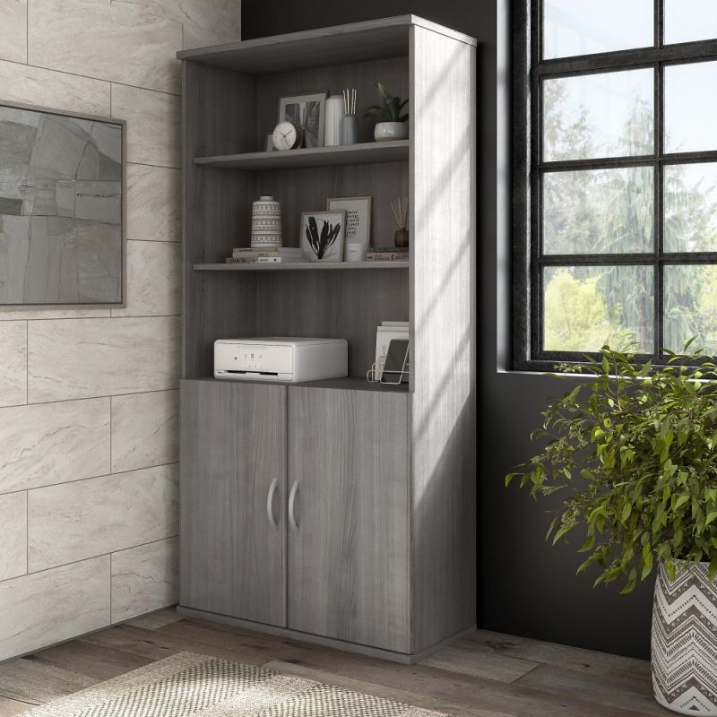 Bush Furniture - Hybrid Tall 5 Shelf Bookcase with Doors in Platinum Gray - HYB024PG