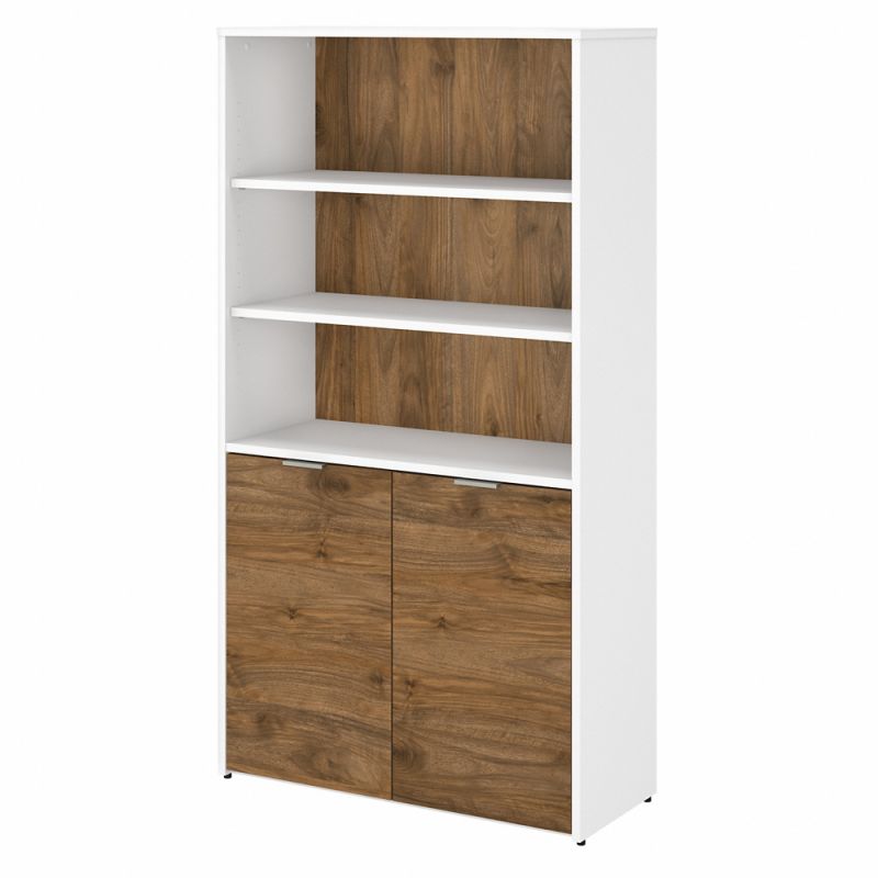 Bush Furniture - Jamestown 5 Shelf Bookcase with Doors in White and Fresh Walnut - JTB136FWWH