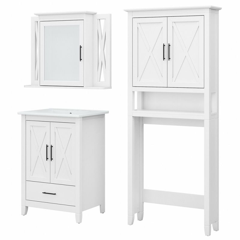 Bush Furniture - Key West 24W Bathroom Vanity Sink with Mirror and Over Toilet Storage Cabinet in White Ash - KWS031WAS