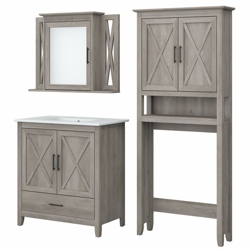Bush Furniture - Key West 32W Bathroom Vanity Sink with Mirror and Over Toilet Storage Cabinet in Driftwood Gray - KWS032DG
