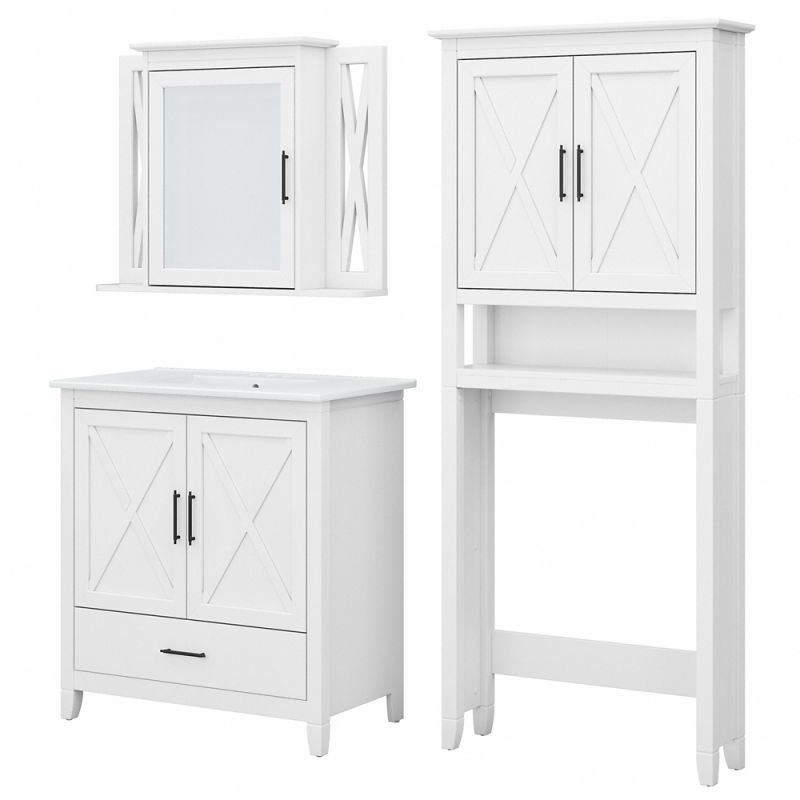 Bush Furniture - Key West 32W Bathroom Vanity Sink with Mirror and Over Toilet Storage Cabinet in White Ash - KWS032WAS