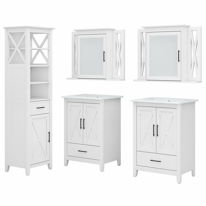 Bush Furniture - Key West 48W Double Vanity Set with Sinks, Medicine Cabinets and Linen Tower in White Ash - KWS043WAS