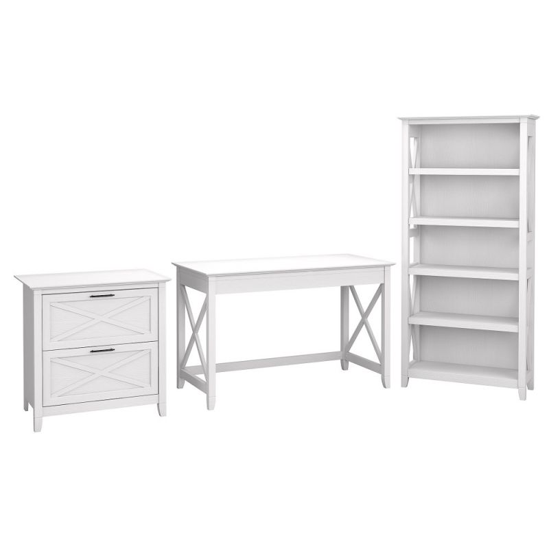 Bush Furniture - Key West 48W Writing Desk with 2 Drawer Lateral File Cabinet and 5 Shelf Bookcase in Pure White Oak - KWS004WT
