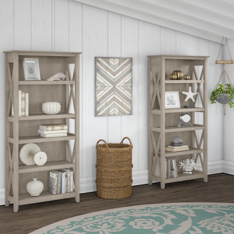 Bush Furniture - Key West 5 Shelf Bookcase Set in Washed Gray - KWS046WG
