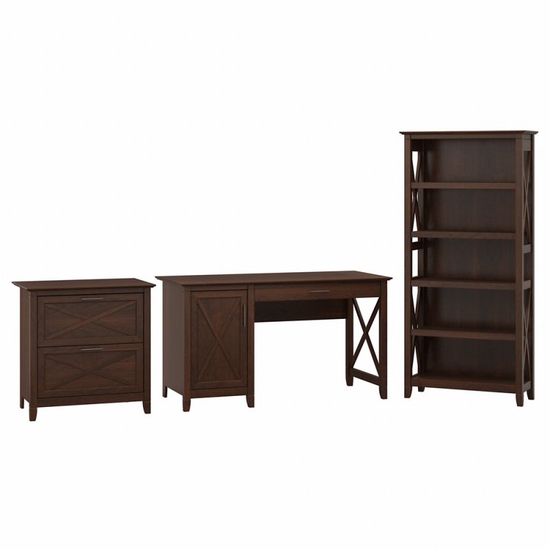 Bush Furniture - Key West 54W Computer Desk with 2 Drawer Lateral File Cabinet and 5 Shelf Bookcase in Bing Cherry - KWS009BC