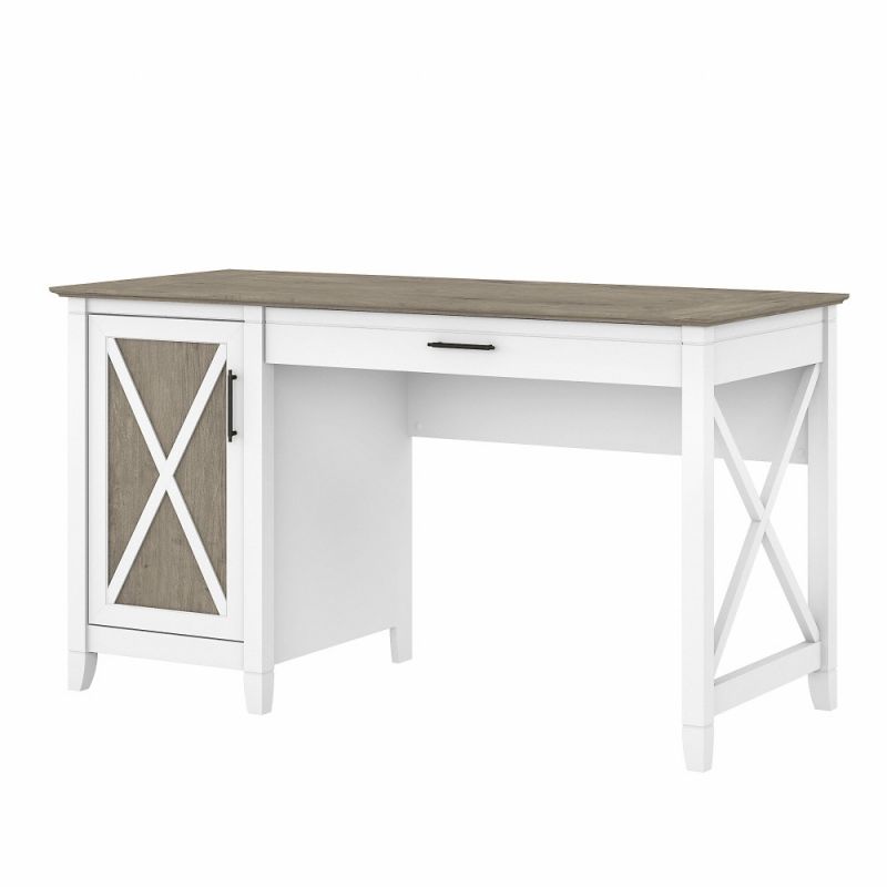 Bush Furniture - Key West 54W Computer Desk with Keyboard Tray and Storage in Pure White and Shiplap Gray - KWD154G2W-03