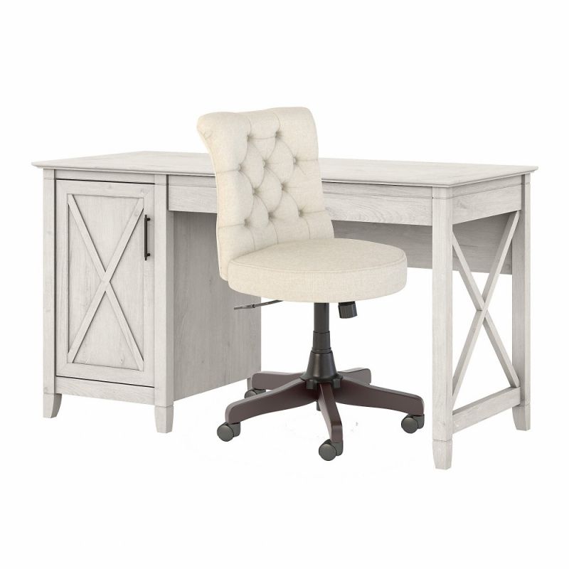 Bush Furniture - Key West 54W Computer Desk with Storage and Mid Back Tufted Office Chair in Linen White Oak - KWS020LW
