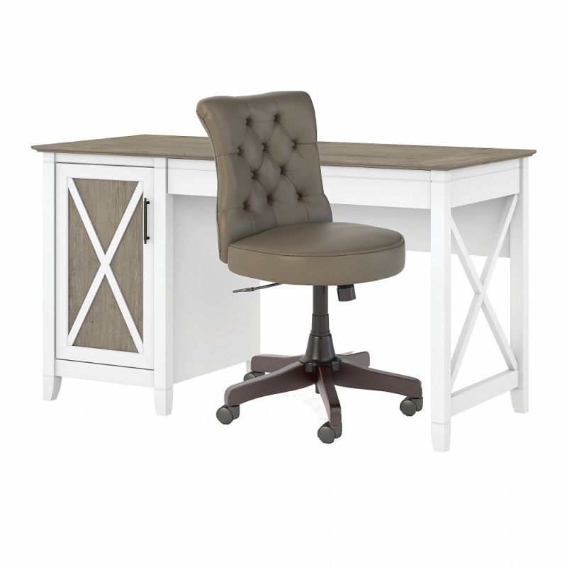 Bush Furniture - Key West 54W Computer Desk with Storage and Mid Back Tufted Office Chair in Pure White and Shiplap Gray - KWS020G2W