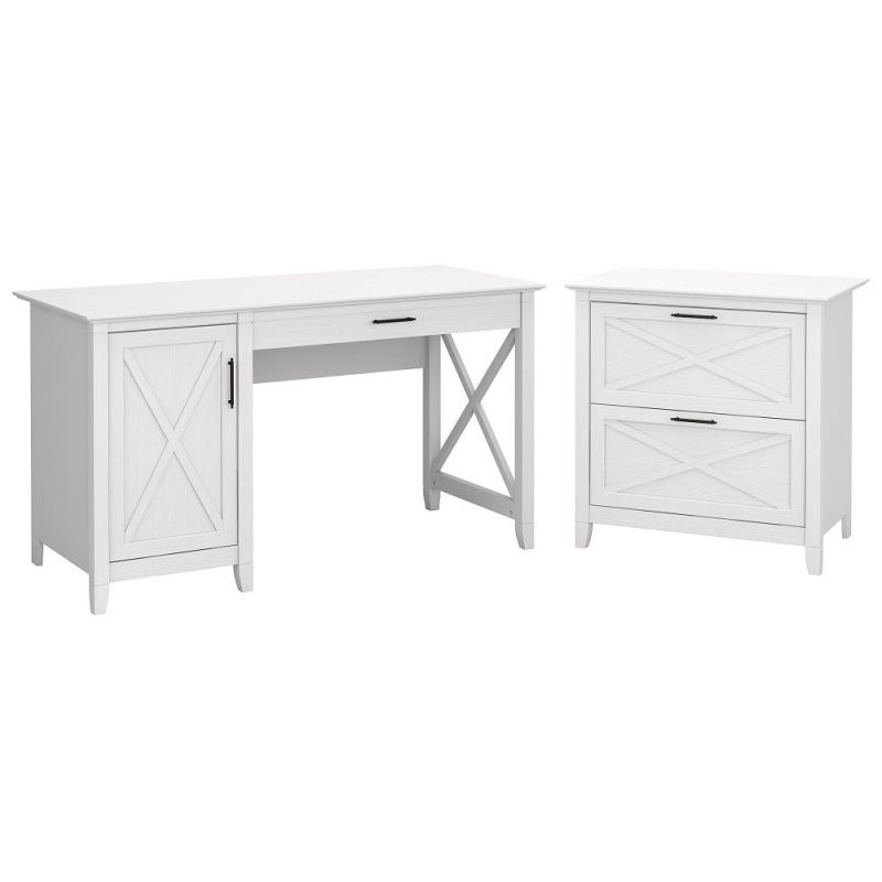 Bush Furniture - Key West 54W Computer Desk with Storage and 2 Drawer Lateral File Cabinet in Pure White Oak - KWS008WT