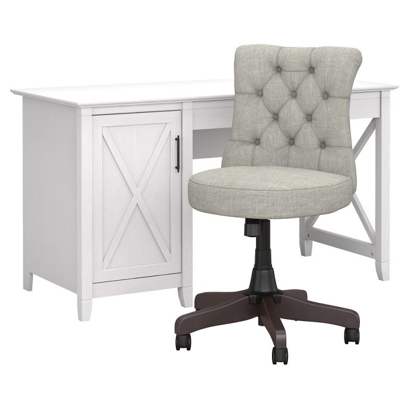 Bush Furniture - Key West 54W Computer Desk with Storage and Mid Back Tufted Office Chair in Pure White Oak - KWS020WT