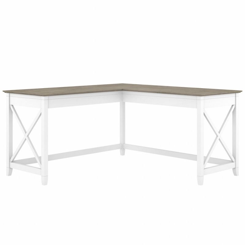 Bush Furniture - Key West 60W L Shaped Desk in Pure White and Shiplap Gray - KWD160G2W-03