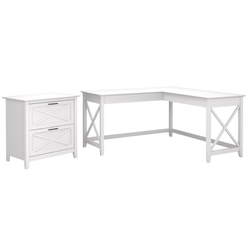 Bush Furniture - Key West 60W L Shaped Desk with 2 Drawer Lateral File Cabinet in Pure White Oak - KWS014WT