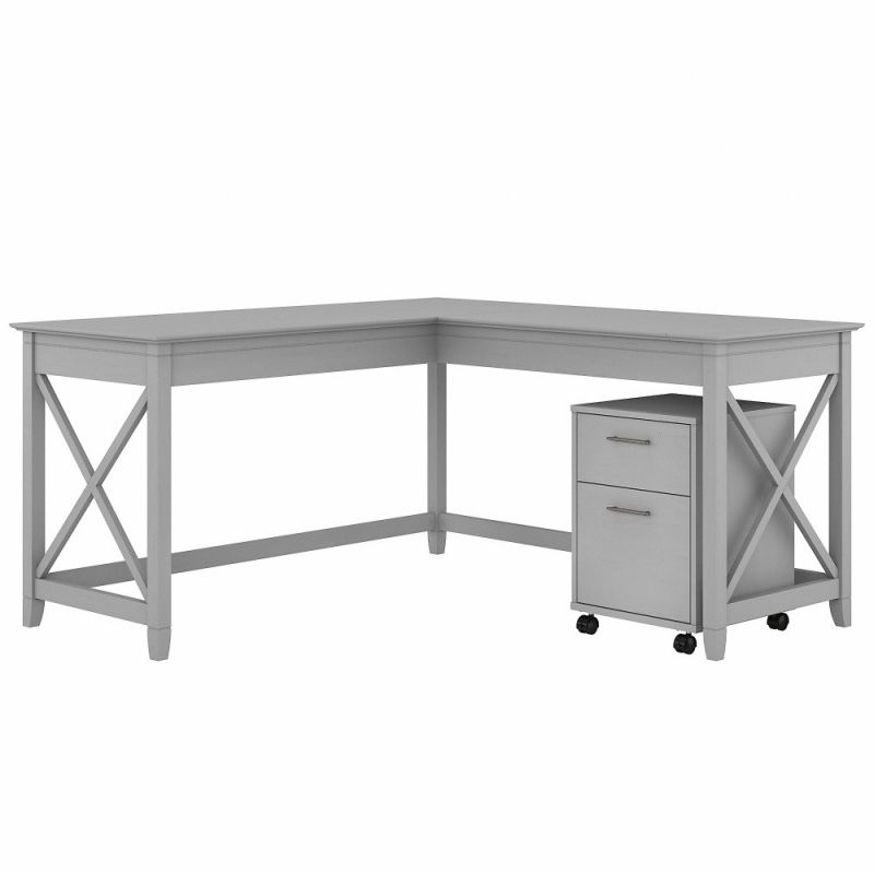 Bush Furniture - Key West 60W L Shaped Desk with 2 Drawer Mobile File Cabinet in Cape Cod Gray - KWS013CG