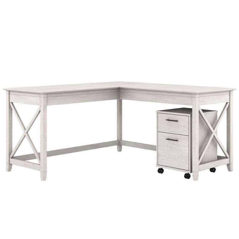 Bush Furniture - Key West 60W L Shaped Desk with 2 Drawer Mobile File Cabinet in Linen White Oak - KWS013LW