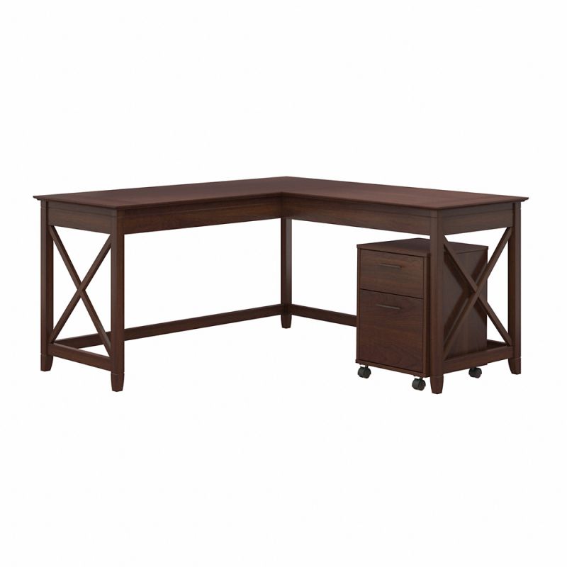 Bush Furniture - Key West 60W L Shaped Desk with 2 Drawer Mobile File Cabinet in Bing Cherry - KWS013BC