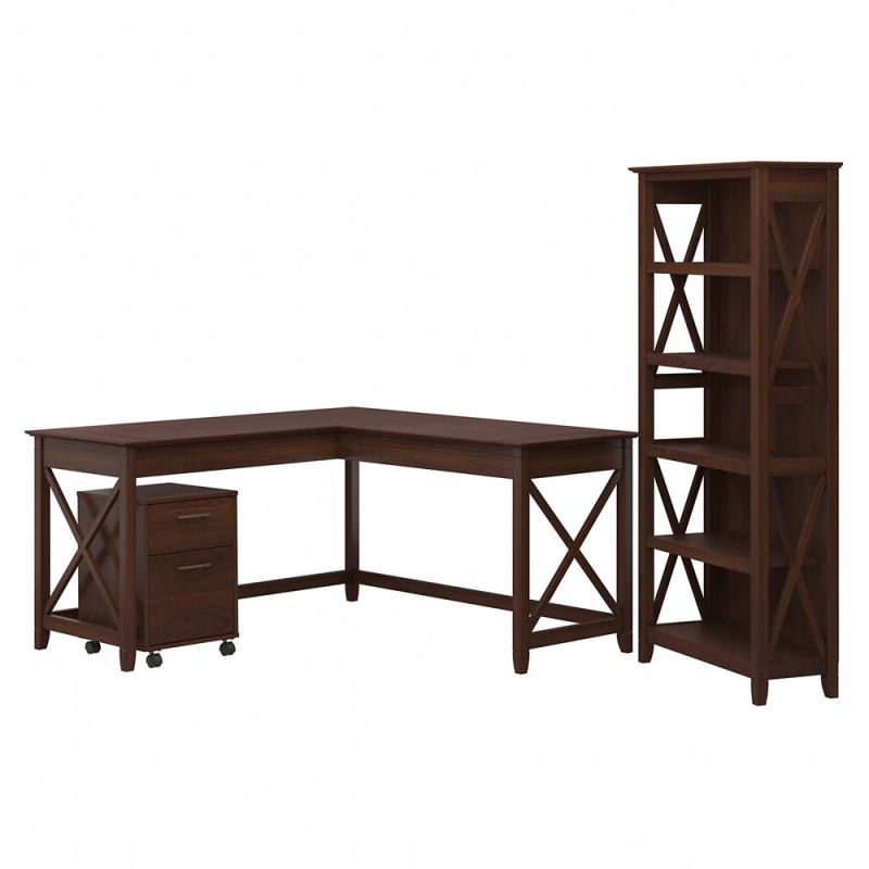 Bush Furniture - Key West 60W L Shaped Desk with 2 Drawer Mobile File Cabinet and 5 Shelf Bookcase in Bing Cherry - KWS016BC